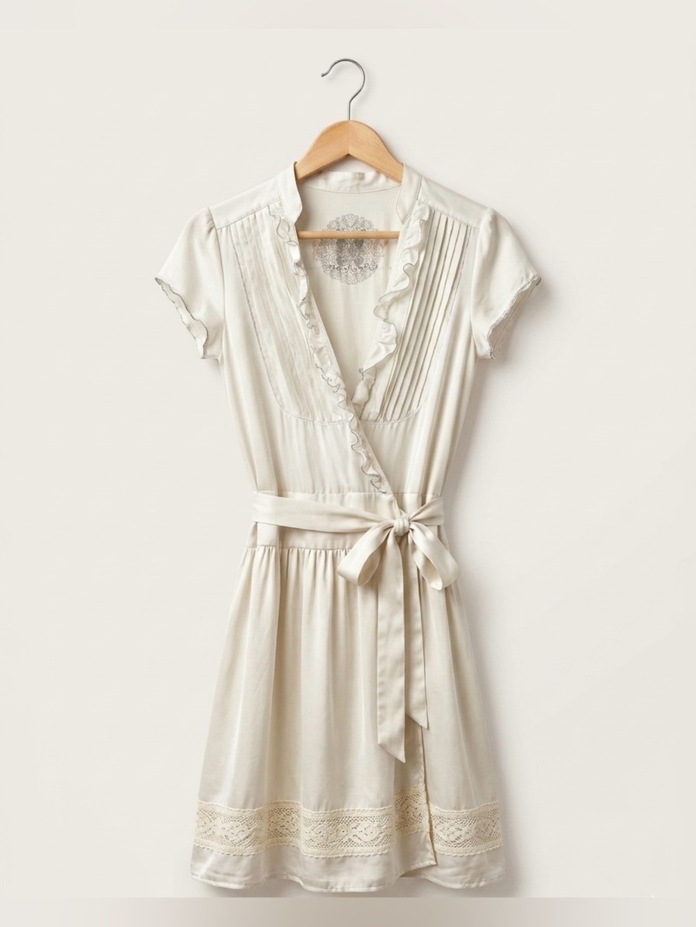 For Love and Liberty XS Ivory 100% Silk Wrap Dress Ruffle Boho Romantic